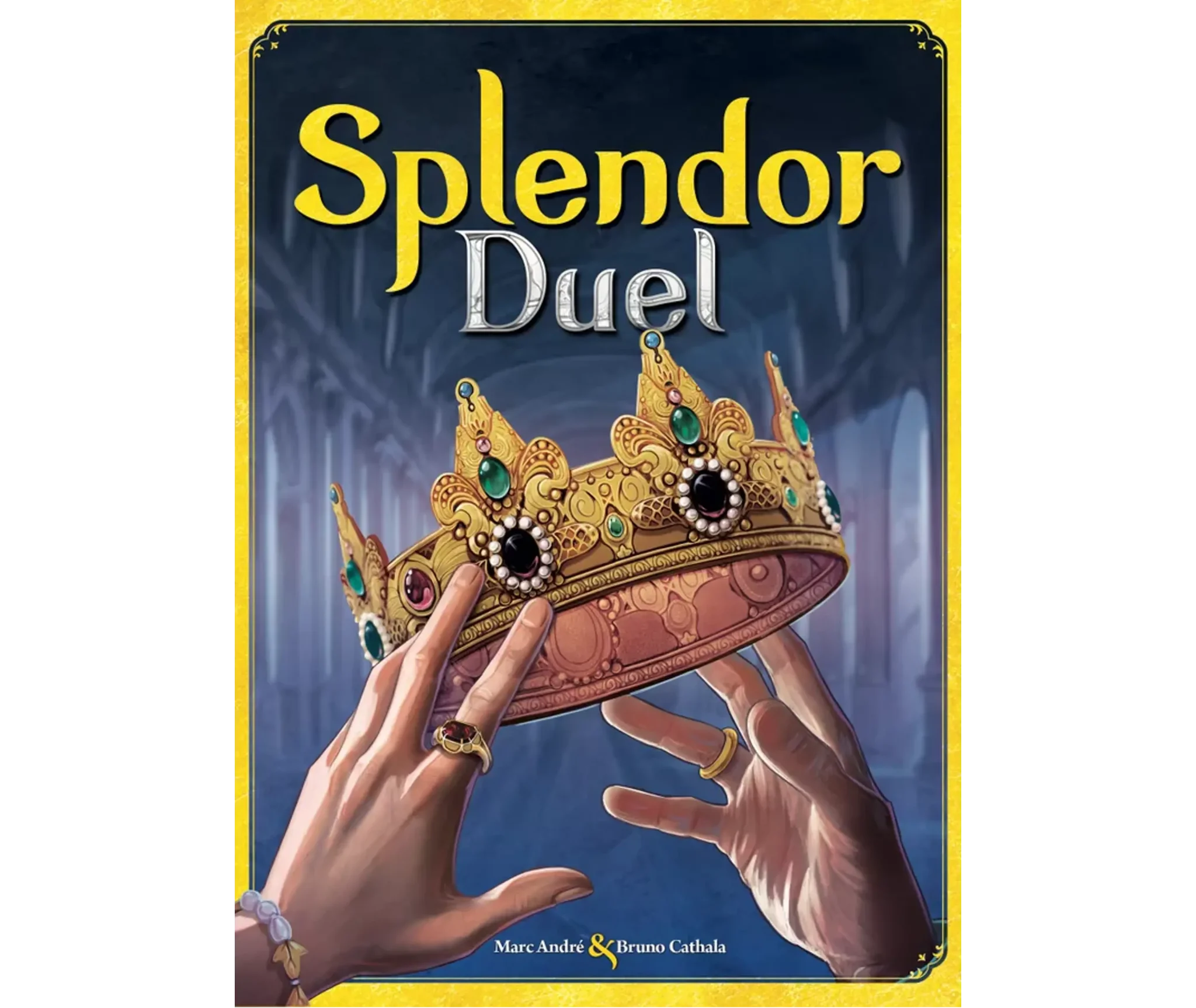 Plateau de jeu de Splendor Duel avec les jetons de gemmes colorés et les cartes de développement étalées, illustrant la tension stratégique du face-à-face.