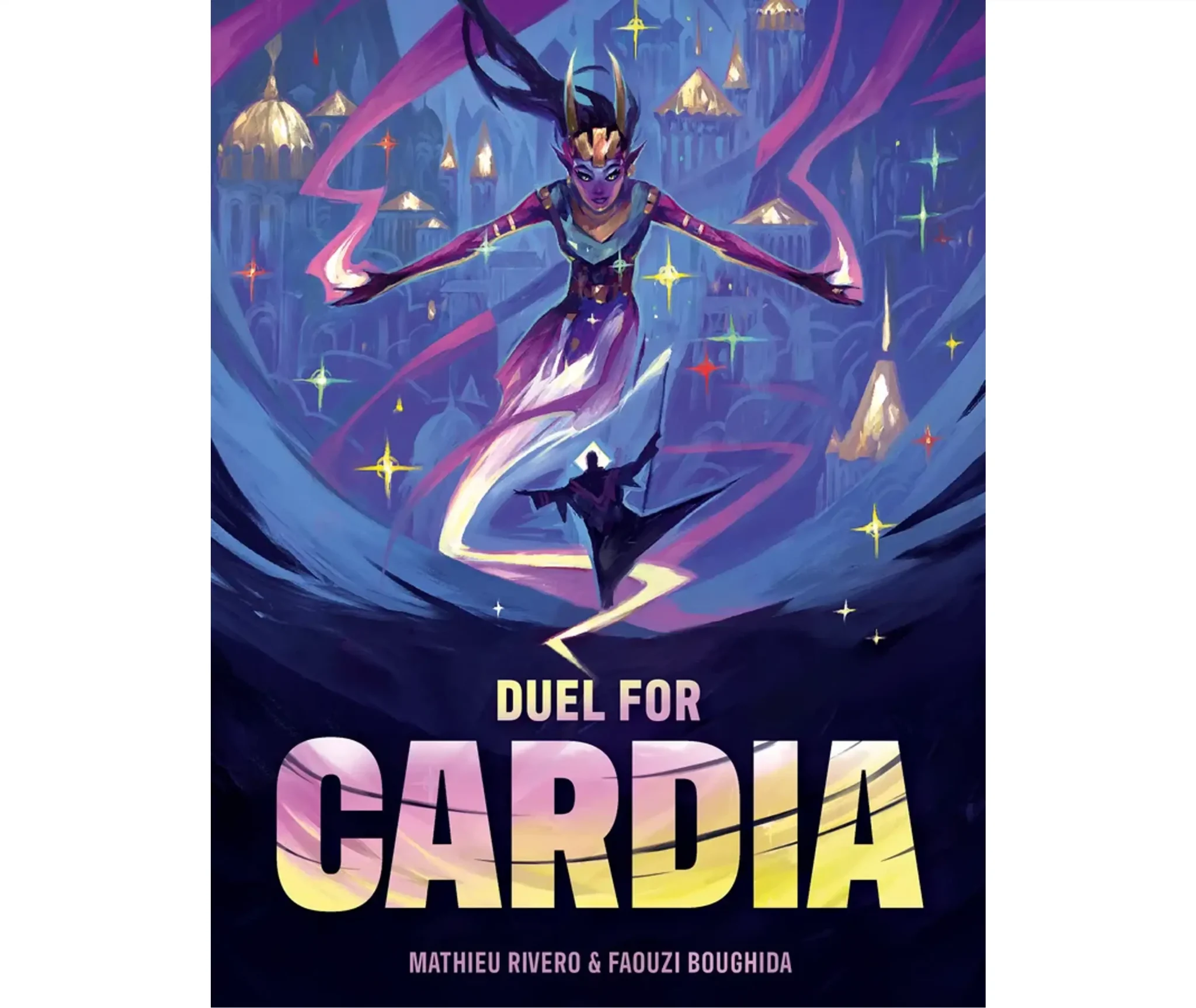Illustration de Duel for Cardia : une mage flottante projette son énergie vers un adversaire dans un décor fantastique aux couleurs violettes et dorées.