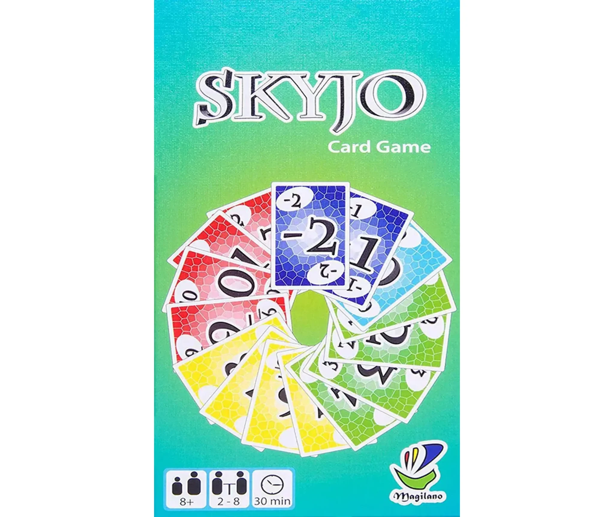 Boîte du jeu Skyjo avec un dégradé vert-bleu et un cercle de cartes colorées représentant les différentes valeurs du jeu.