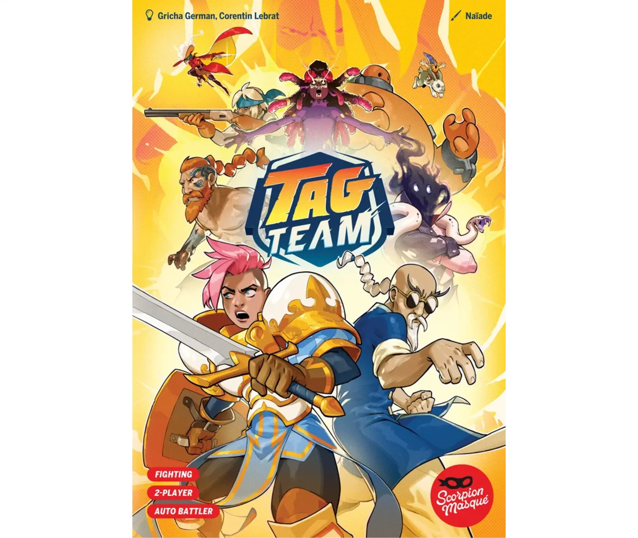 Deux combattants s’affrontent dans une ambiance de jeu de cartes nerveuse et colorée — visuel du jeu Tag Team, Le Scorpion Masqué.