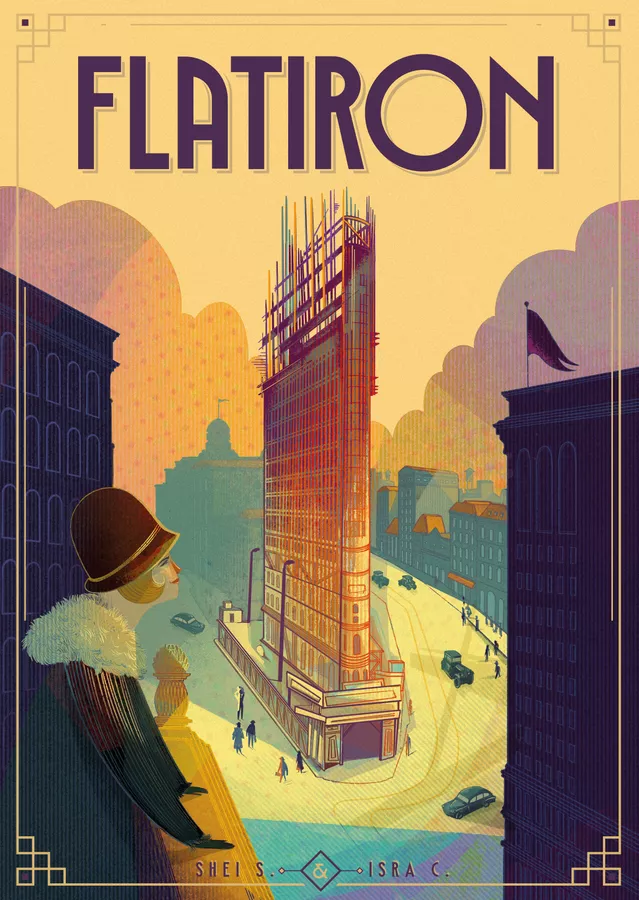 boîte du jeu Flatiron avec le gratte-ciel new-yorkais et le matériel de construction