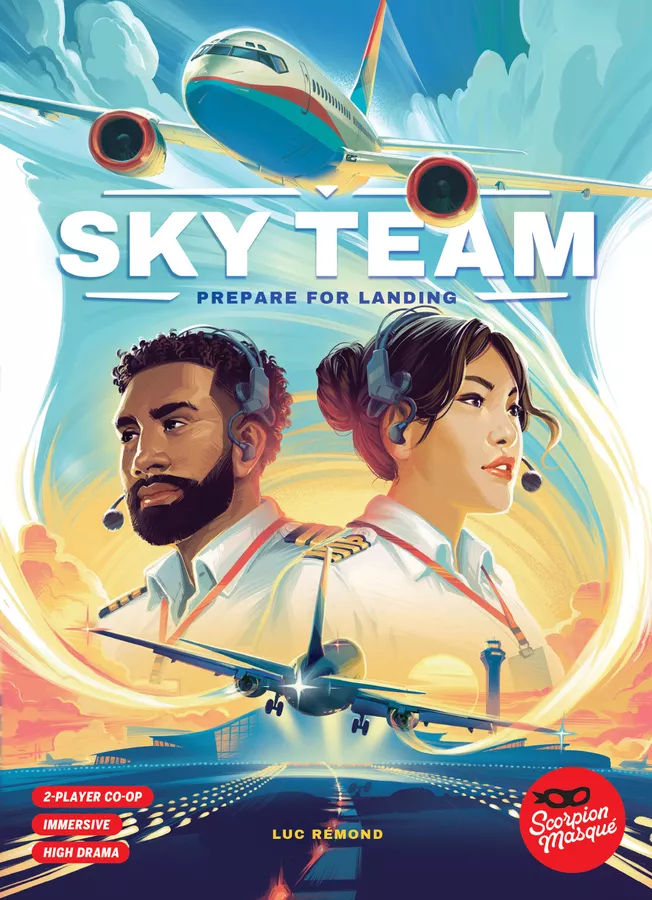Boîte du jeu Sky Team représentant un avion en phase d’atterrissage