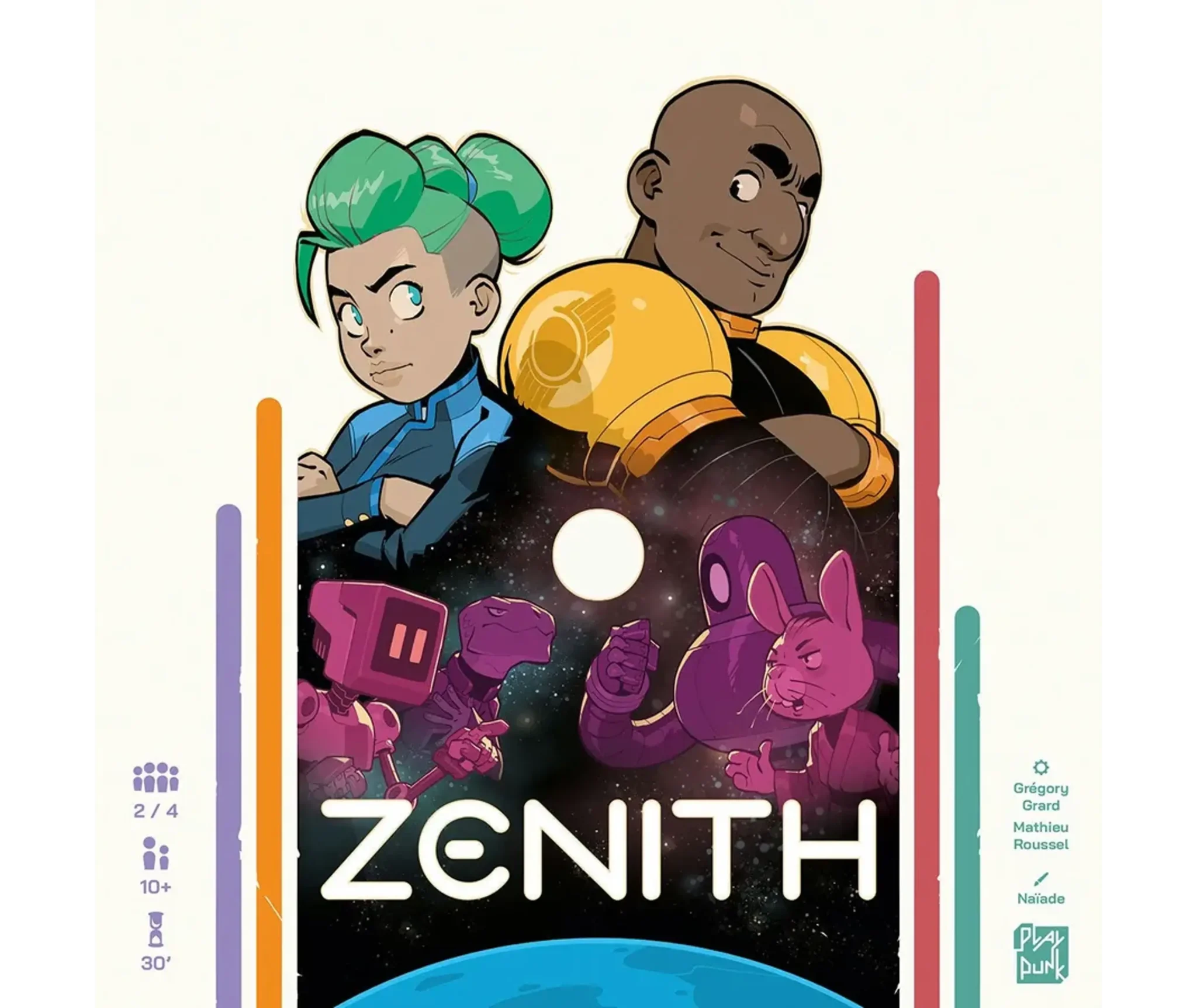 Couverture du jeu ZENITH montrant deux pilotes spatiaux de dos, entourés de créatures et robots colorés, sur fond de galaxie stylisée.