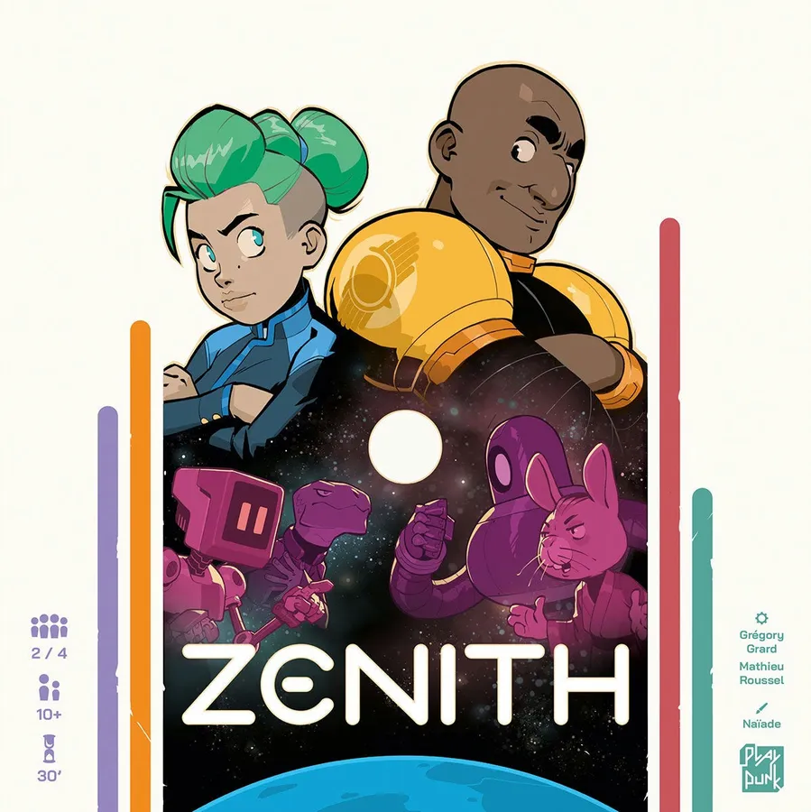 Illustration de la boîte du jeu Zenith montrant un affrontement spatial entre humains, robots et animods